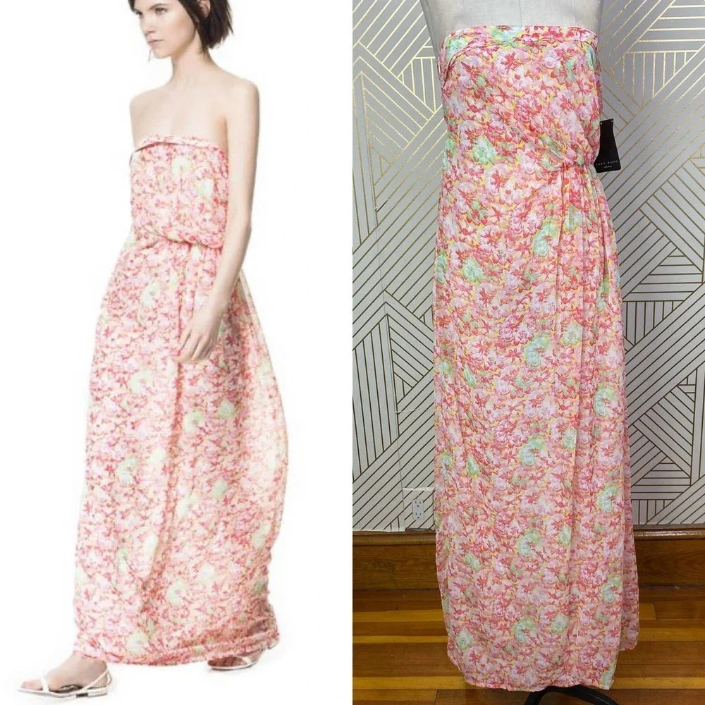 Zara Basic Floral Strapless Maxi Dress in Pink Boho Draped Size US XS